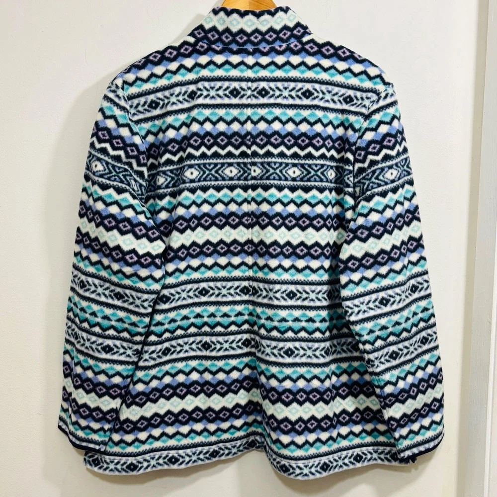 Talbots Fair Isle Aztec Blue Purple Print Fleece Zip‎ Up Jacket Side Pockets 2X